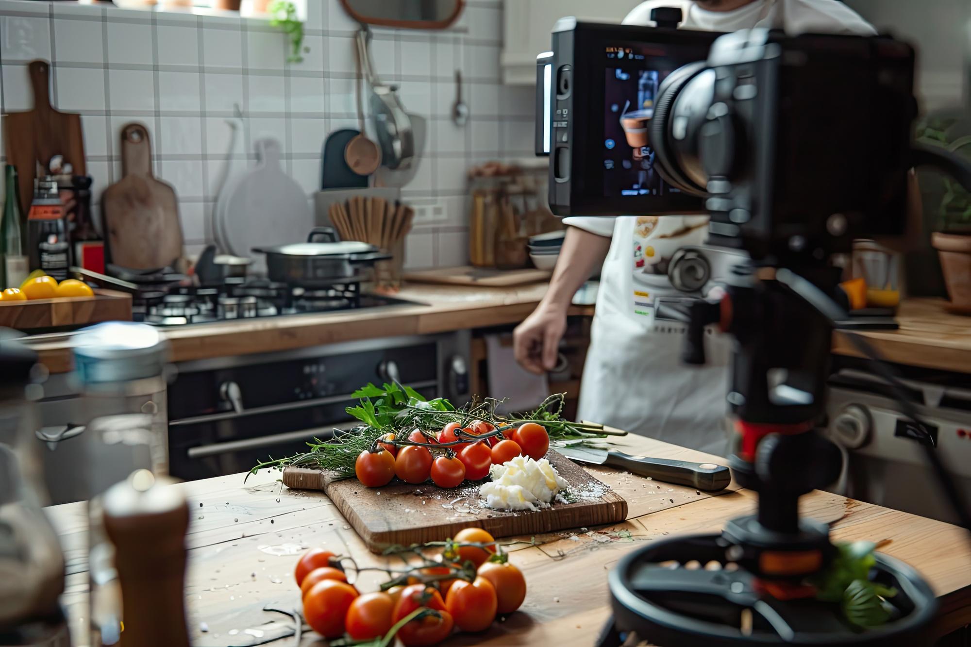 Dettaglio attrezzatura e setup per streaming in cucina